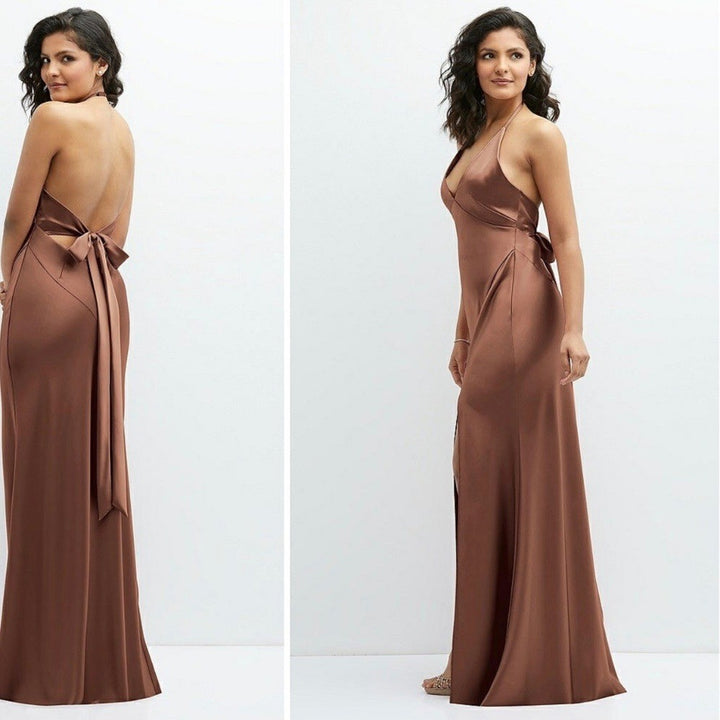 After Six Plunge Halter Open-Back Maxi Bias Dress Size M