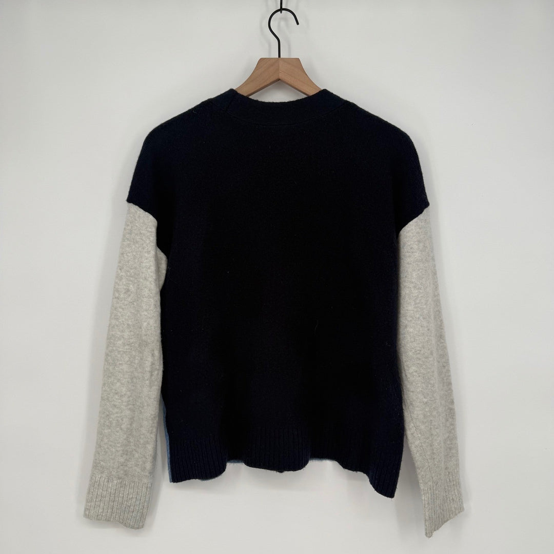 Talbots Color Block Cardigan Sweater Large Blue Gray Black Button Front Knit