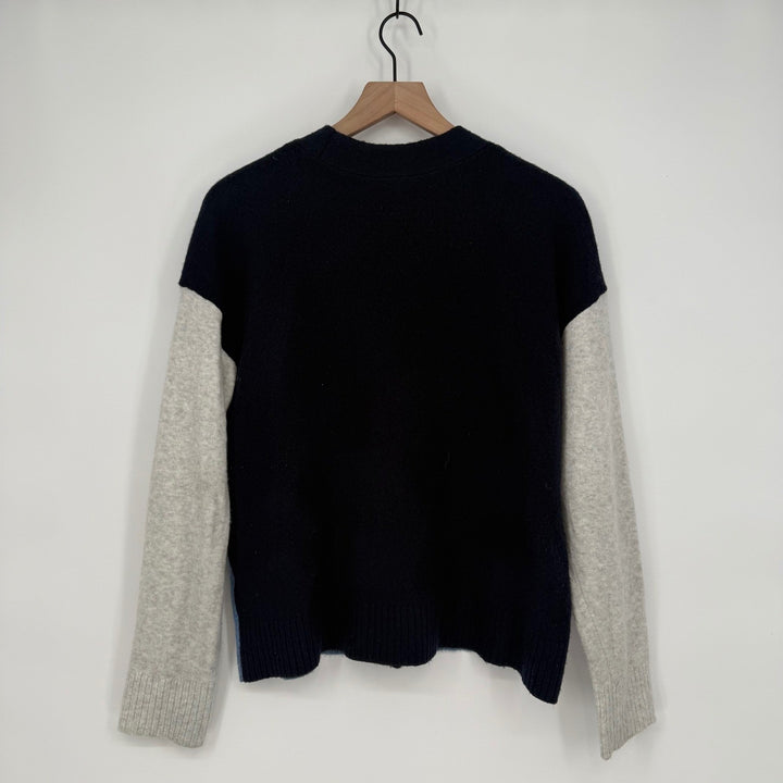 Talbots Color Block Cardigan Sweater Large Blue Gray Black Button Front Knit