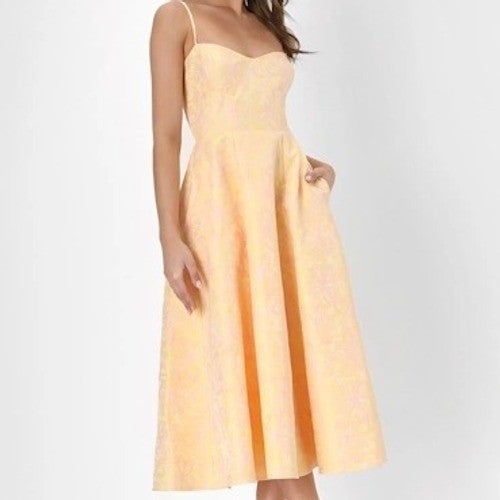 Lulus Meet For Tea Yellow Jacquard Bustier Midi Dress With Pockets Size XS