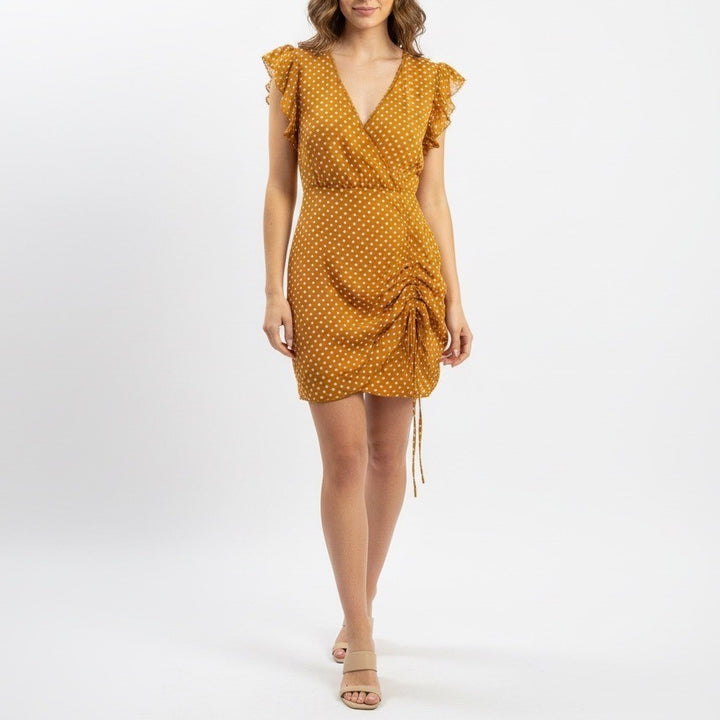 TULAROSA Mustard Yellow Polka Dot Ruffle Sleeve Wrap Dress Size M