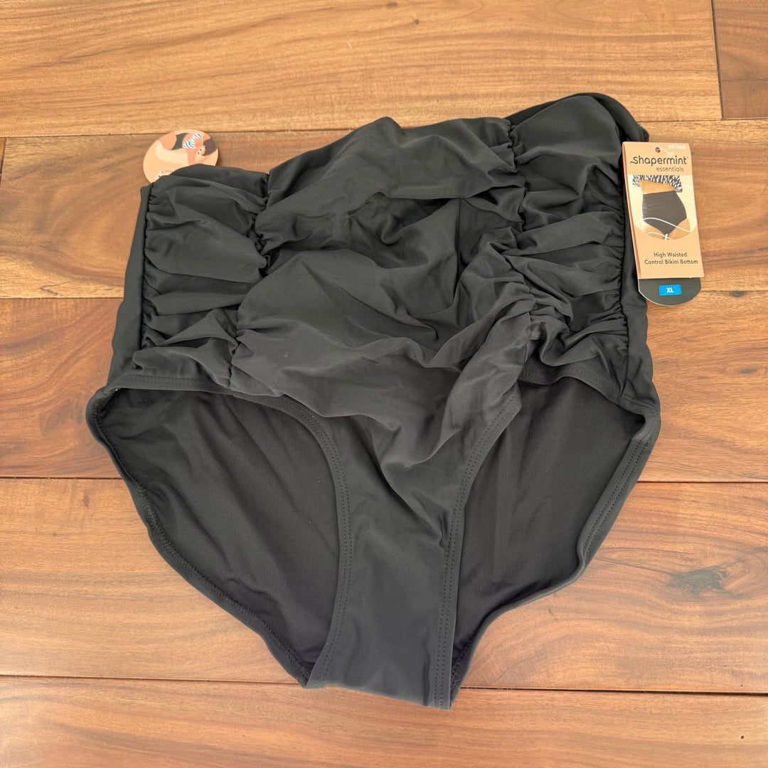 Shapermint Essentials High Waisted Control Bikini Bottom Ruffle Ruched Black XL