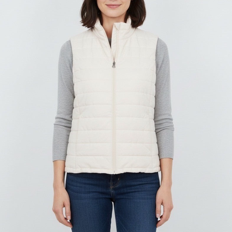 LOFT Outlet Puffer Vest Womens Size L Cream Quilted Full Zip Mock Neck