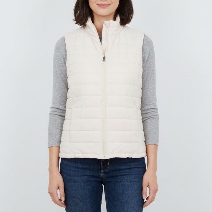 LOFT Outlet Puffer Vest Womens Size L Cream Quilted Full Zip Mock Neck