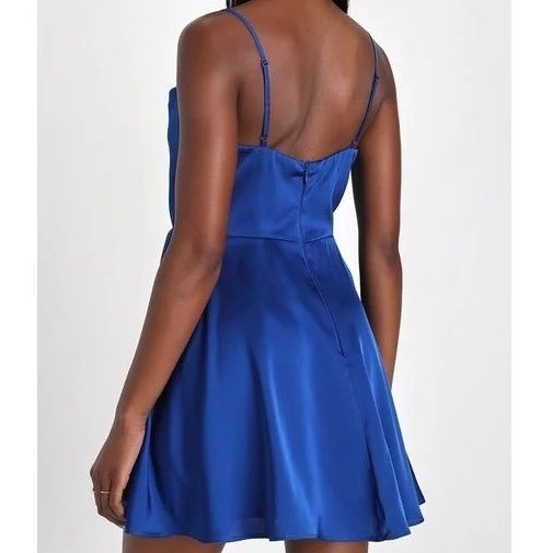 Lulus Fanciful Flirt Royal Blue Satin Cowl Neck Skater Mini Dress Size S