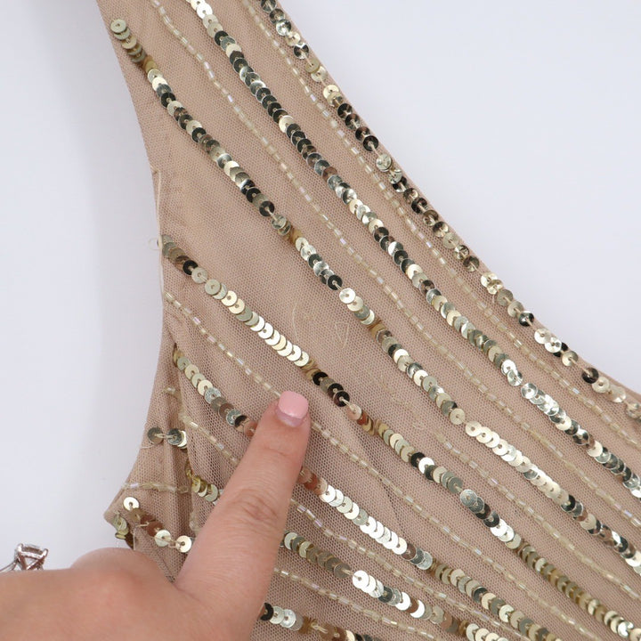 Aidan Mattox Beaded Sequin V Neck Cocktail Dress Champagne Gold Size 12