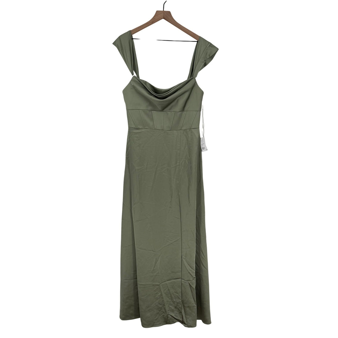 AFTER SIX Sage Green Satin Corset Drape Neck Off Shoulder Maxi Dress Size 12 R