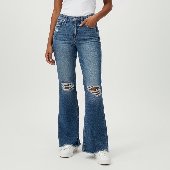 American Eagle Flared Distressed Jeans Blue Denim Next Level Stretch Size 4