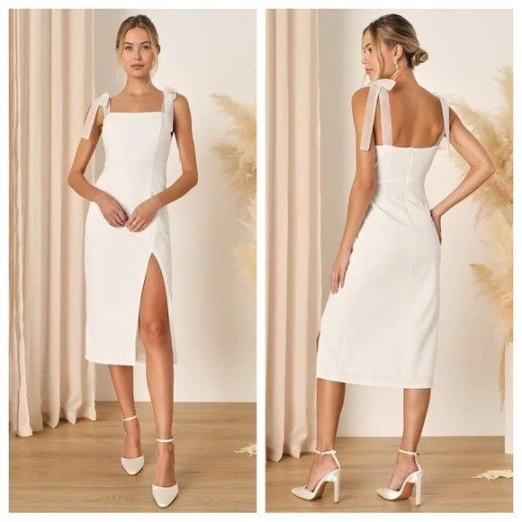 Lulus Romantic Celebration White Tie-Strap Bodycon Midi Dress Size S
