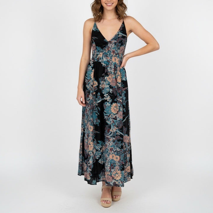 Free People Intimately Black Floral Maxi Dress Spaghetti Strap V Neck S