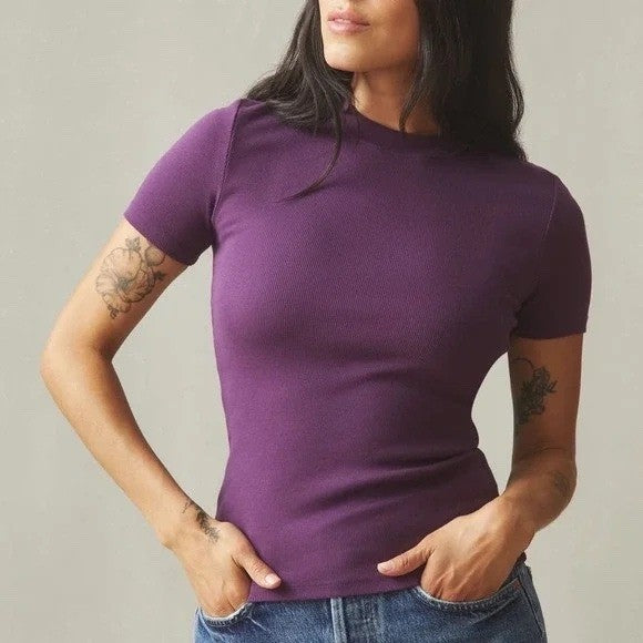 American Giant Ribbed Crewneck Short Sleeve T Shirt Purple Size S Made in USA