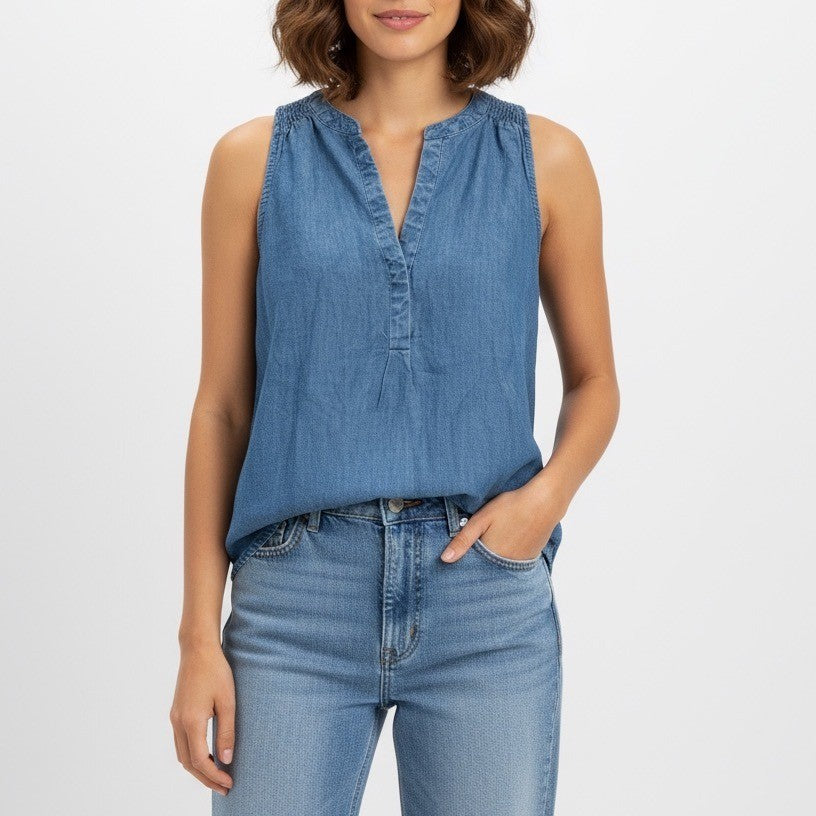 SOFT JOIE Chambray Denim Smocked Neck Sleeveless V-Neck Blouse Top XS