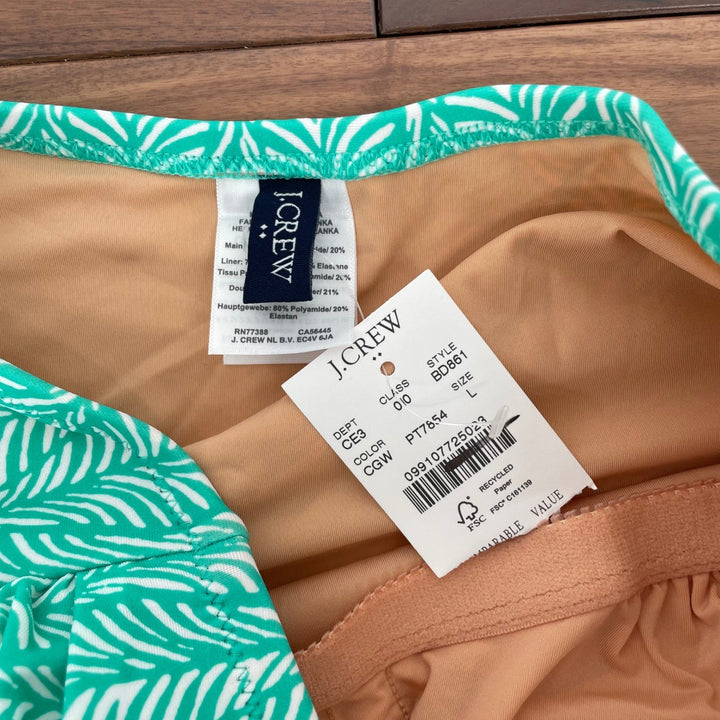 J.Crew Ruched Strapless One Piece Swimsuit Green White Leaf Print Size L