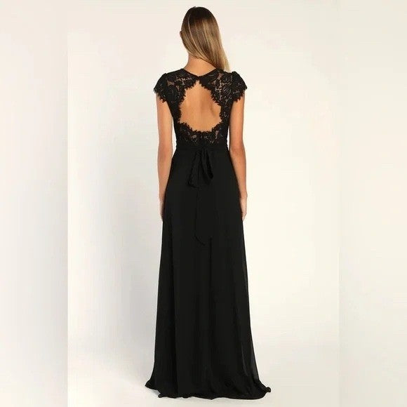 Lulus Momentous Moments Black Lace Backless Maxi Dress Size L