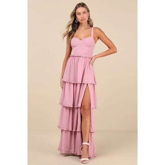 Lulus Sophisticated Occasion Pink Bustier Lace-Up Maxi Dress Size S
