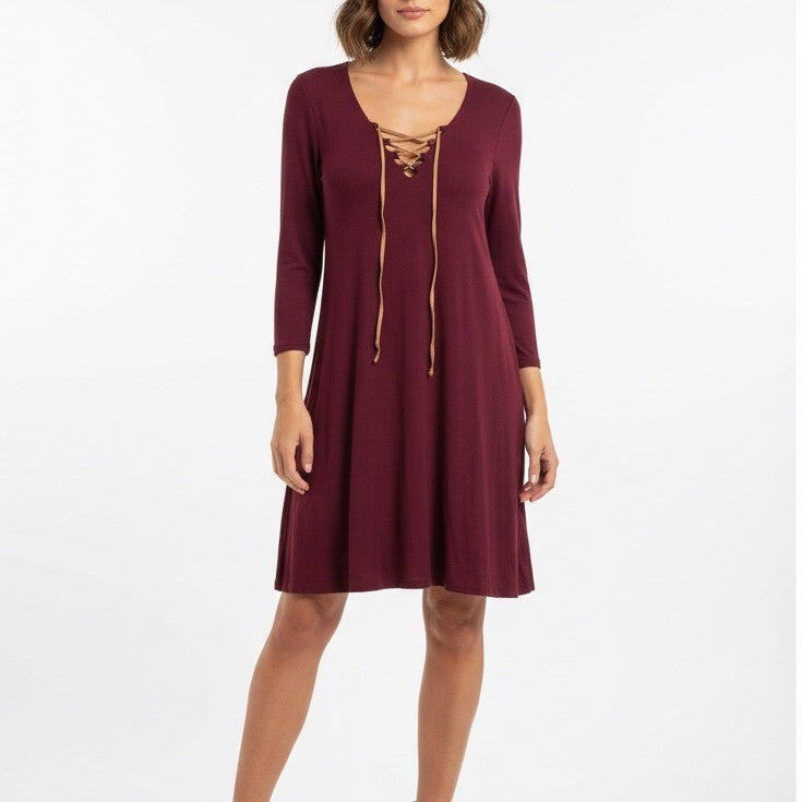 Derek Heart Burgundy Lace Up Neck 3/4 Sleeve Tunic Dress Size M
