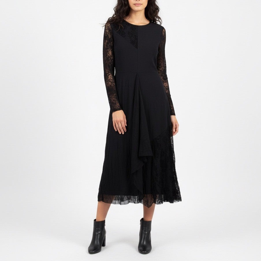 FUZZI Black Lace Sheer Sleeve Midi Dress XL Made Italy Asymmetrical Ruffle