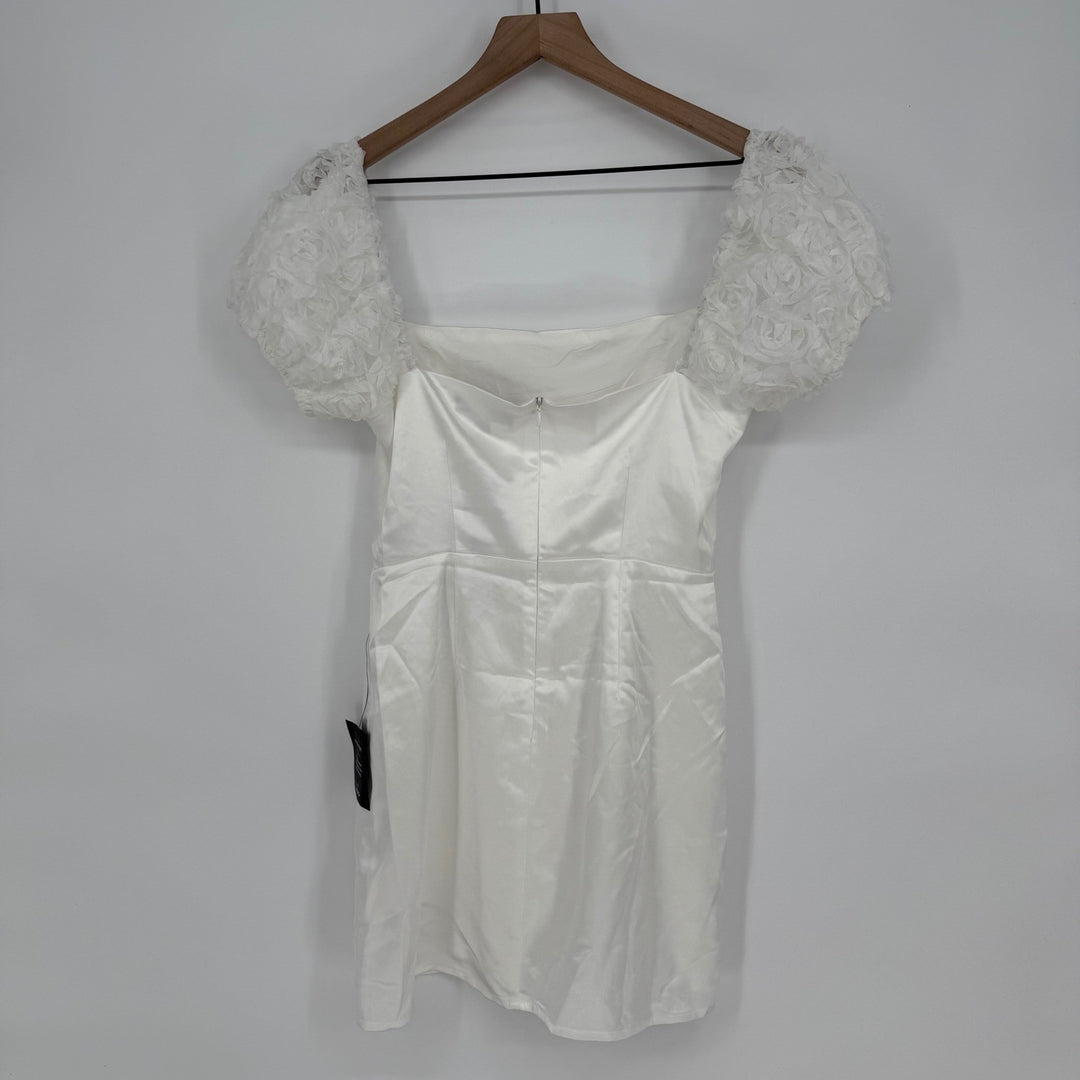 Lulus Precious Enchantment White Satin Floral Puff Sleeve Mini Dress Size S