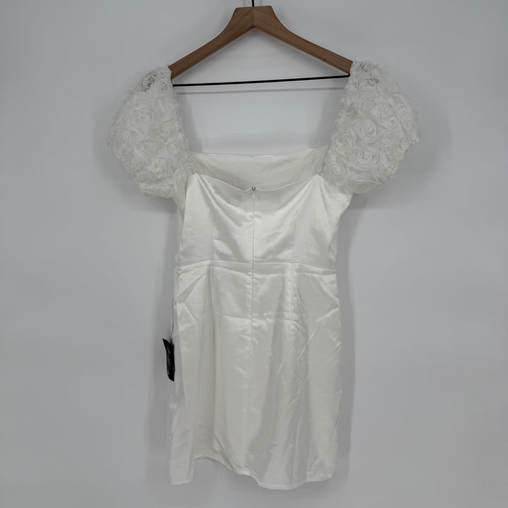 Lulus Precious Enchantment White Satin Floral Puff Sleeve Mini Dress Size S