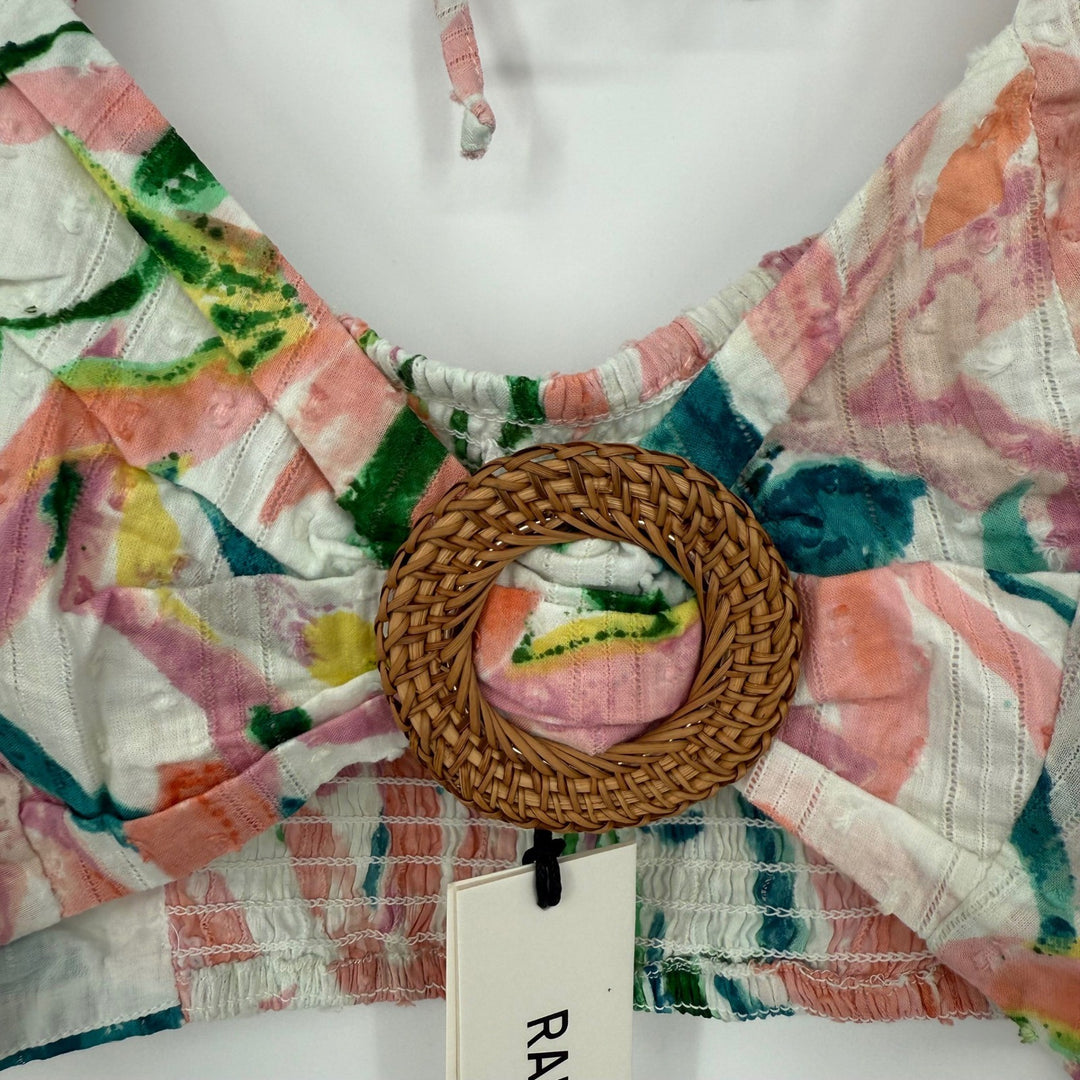 RAHI Maui Chantal Top L Floral Print Woven Rattan Ring Tie Back Crop