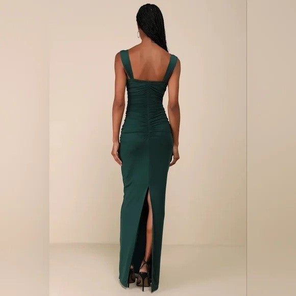 Lulus Amazing Presence Dark Green Mesh Ruched Column Maxi Dress Size XL