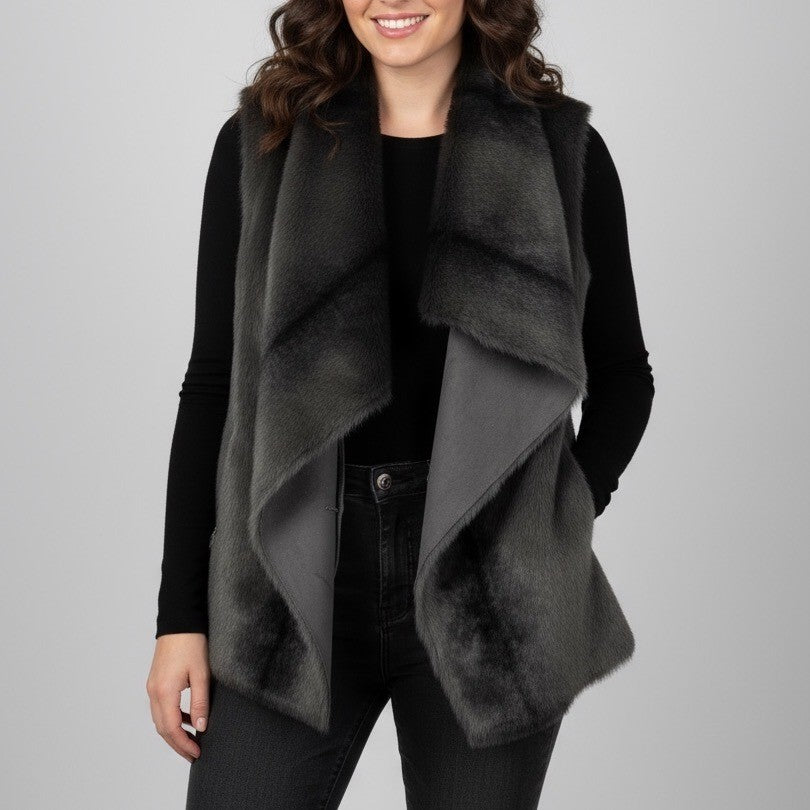 Kenneth Cole The Remy Vest Faux Fur Suede Drape Front Zip Pockets Grey XS