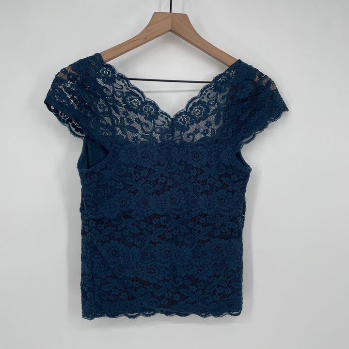 Garage Lace Cap Sleeve Square Neck Top Teal Medium