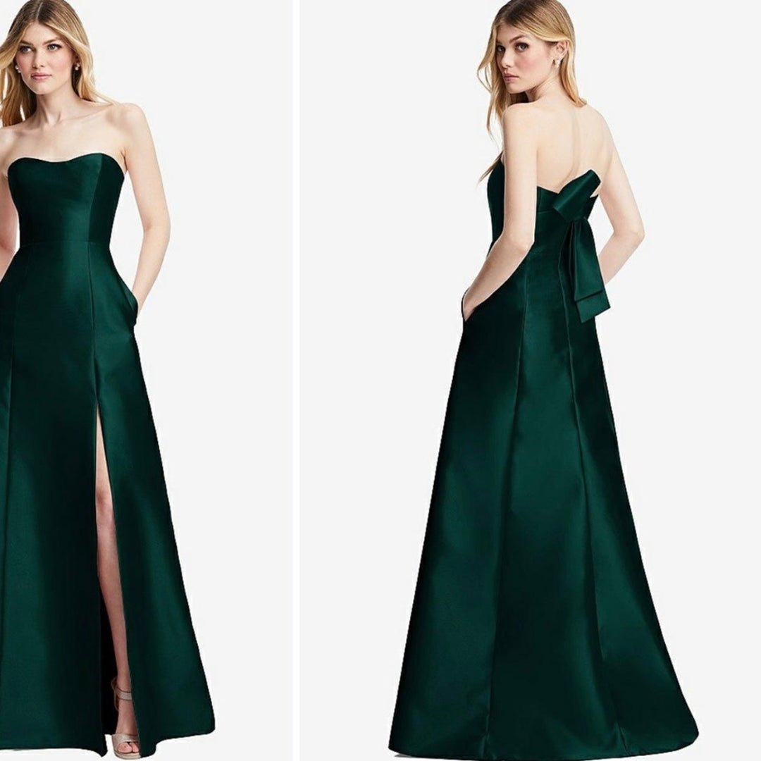 Alfred Sung Strapless A-Line Satin Gown With Modern Bow Detail Size 12