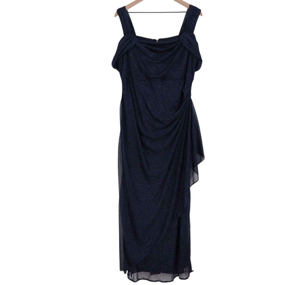 Alex Evenings Womens 14W Navy Blue Sparkle Ruched Gown Dress Formal Evening