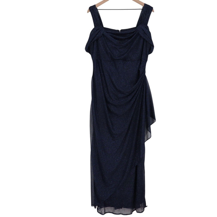 Alex Evenings Womens 14W Navy Blue Sparkle Ruched Gown Dress Formal Evening