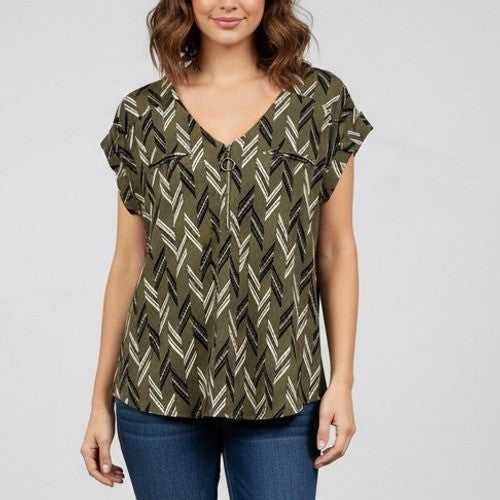 Flower & Feather Olive Green Geometric Print Top Blouse Zipper Detail Size S