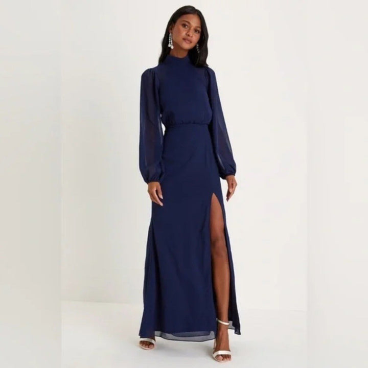 Lulus Graceful Entrance Navy Blue Long Sleeve Backless Maxi Dress Size L