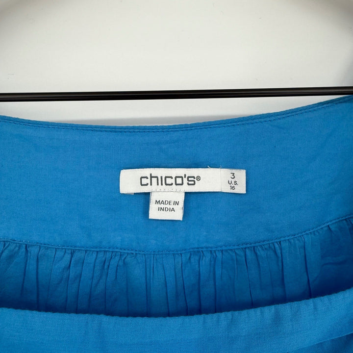 Chicos Blue Square Neck Pintuck Tassel Tunic Top Shirt Size 16