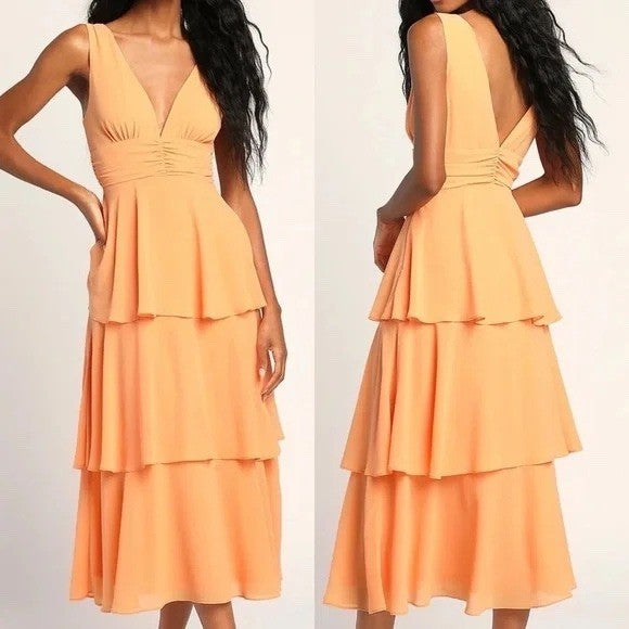 Lulus Celebration Time Light Orange Sleeveless Tiered Midi Dress Size M