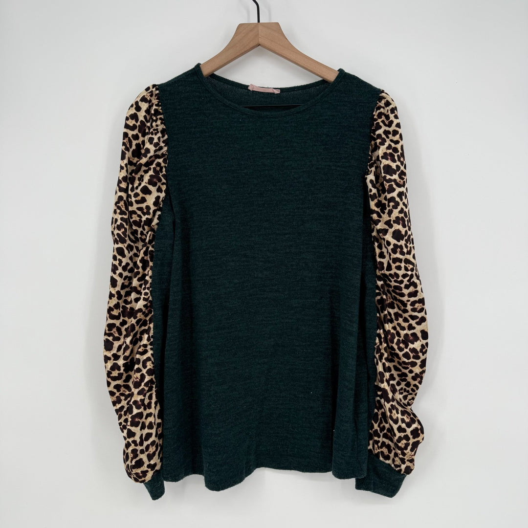 Ces Femme Top Womens Medium Multicolor Leopard Print Tight Knit Puff Sleeve