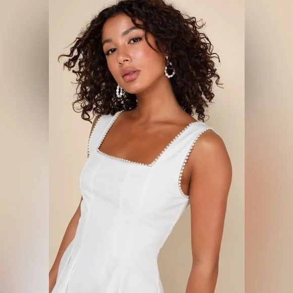 Lulus Pure Hearted White Pearl Square Neck Sleeveless Mini Dress Size XL