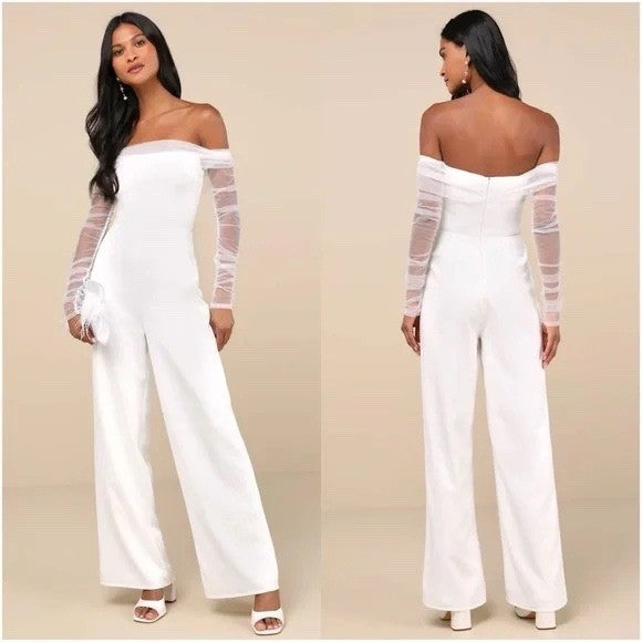 Lulus Eternal Bliss White Tulle Off-The-Shoulder Wide-Leg Jumpsuit Size L