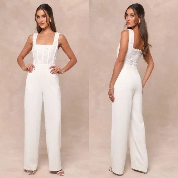 Lulus Truly Profound White Mesh 3D Floral Embroidered Bustier Jumpsuit Size M