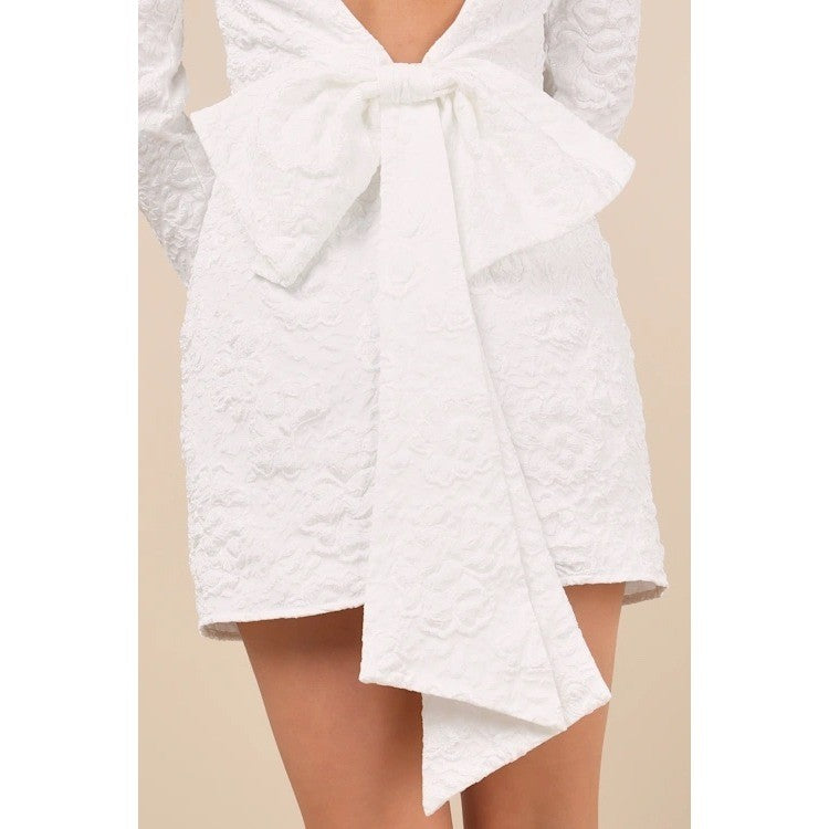 Lulus Elevated Icon White Jacquard Long Sleeve Bow Mini Dress Size M