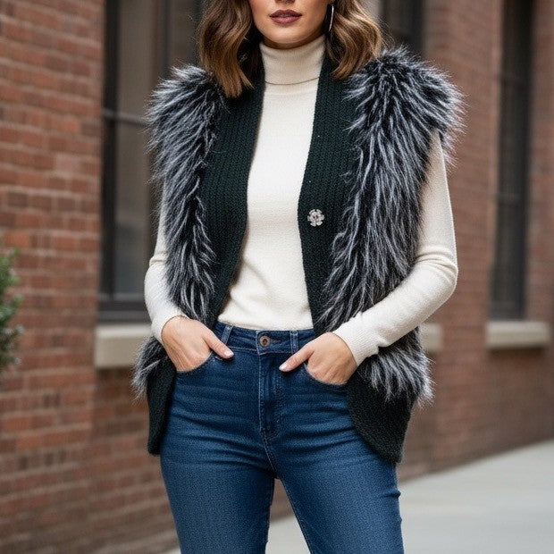 Collection Eighteen Women's Black Faux Fur Knit Vest Cardigan Size M L