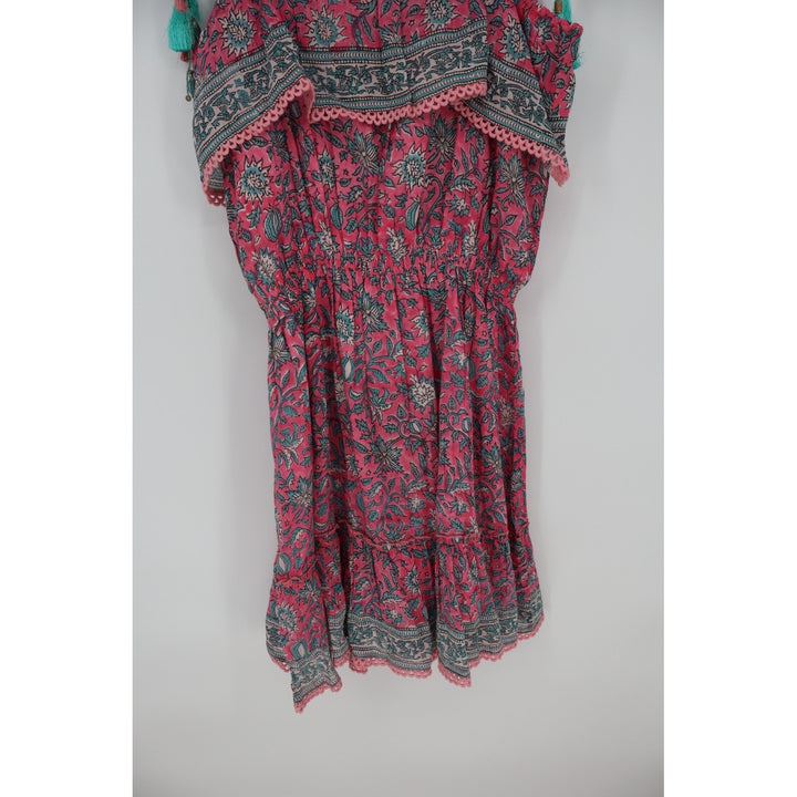 ALICIA BELL Floral Print Tassel Tie Shoulder Dress XL Red Blue Silk Cotton