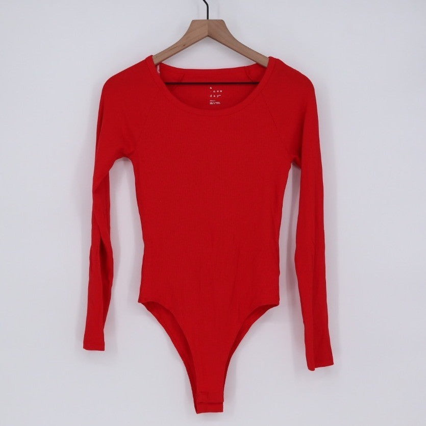 A New Day Ribbed Long Sleeve Scoop Neck Red Bodysuit Size Small
