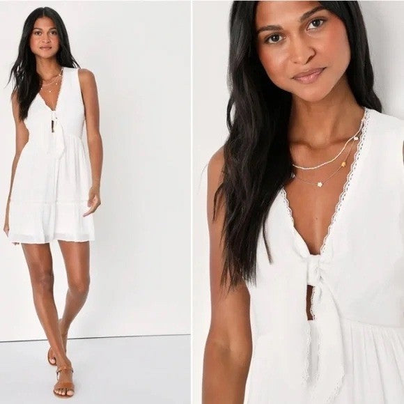 Lulus Lively Beauty White Tie-Front Tiered Mini Dress Size M