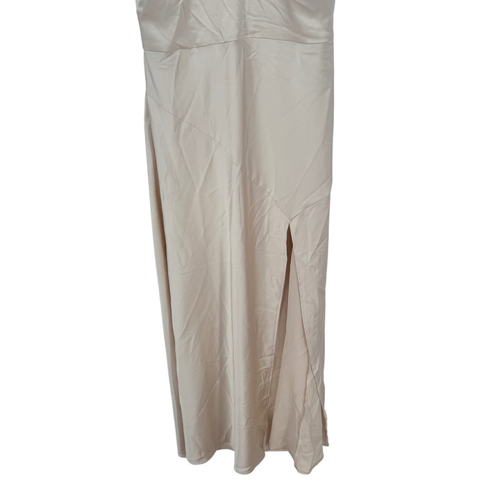 Lovely new beige satin halter bias cut asymmetric flowy maxi dress size L