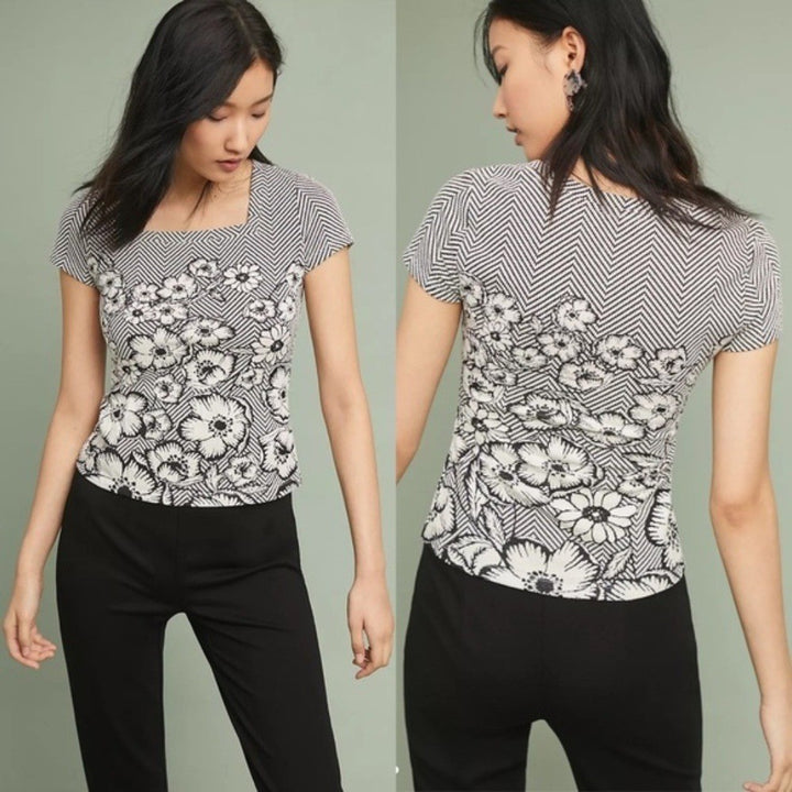 Anthropologie Maeve hellebore Floral Knit Blouse Size XS