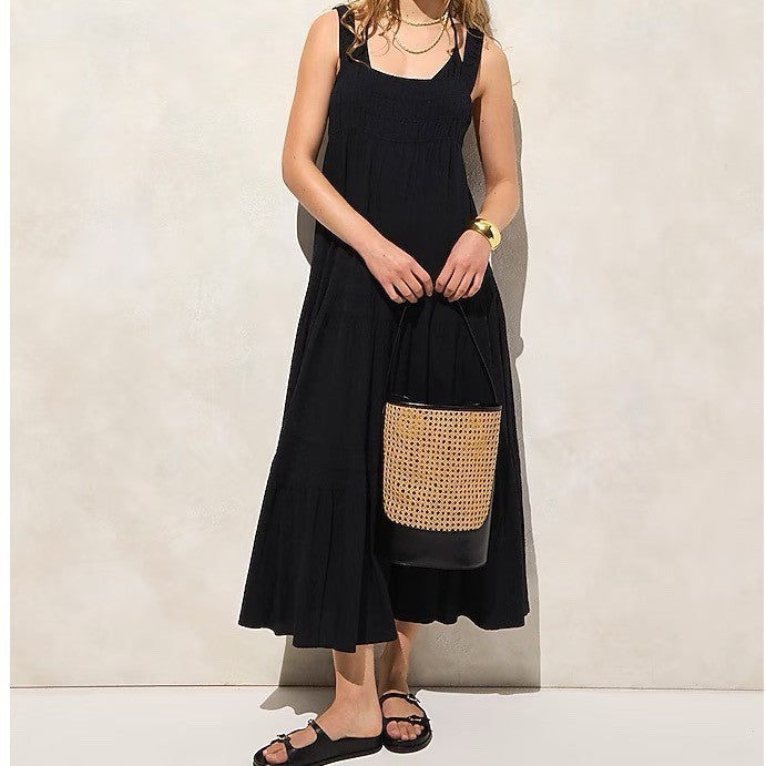 J. Crew Black Cotton Tiered Midi Dress Size S