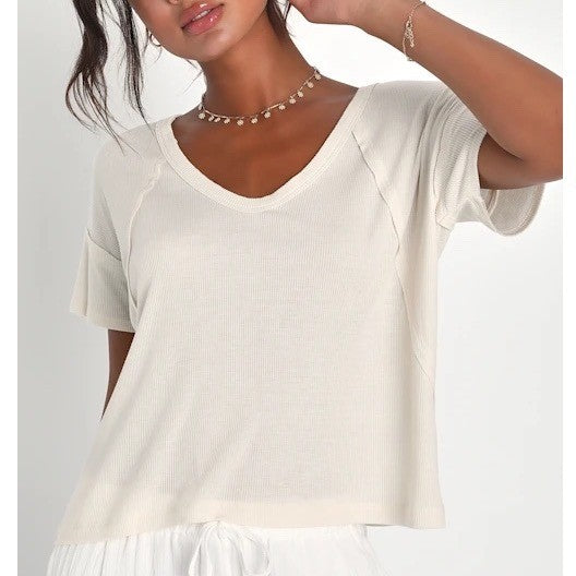 Lulus Cream Ribbed V Neck Dolman Sleeve T Shirt Top XS