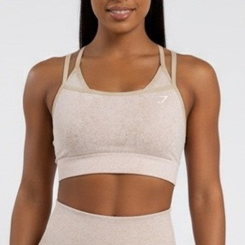 Gymshark Seamless Marl Sports Bra Tan Beige Textured Strappy Back Size M
