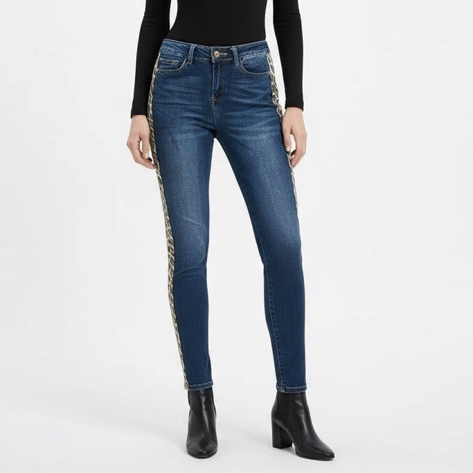 Judy Blue Jeans Womens 7/28 Blue Denim Logo Skinny Leg Leopard Print Side Stripe