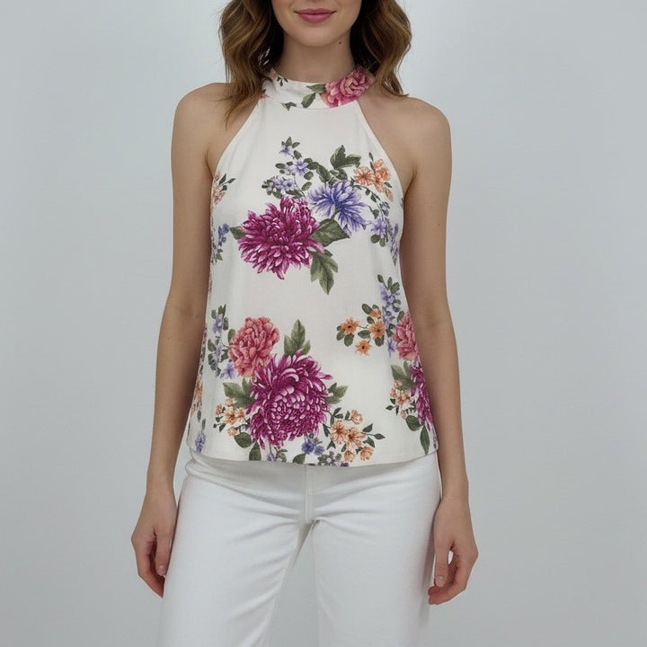 Forever 21 Floral Halter Tank Top Women's Size S White Pink Purple Casual